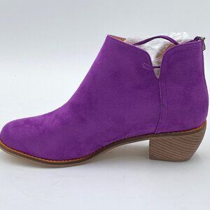 Purple Stacked Mid Heel Almond Toe Block Low Heel V Cut Back Zipper Ankle Bootie